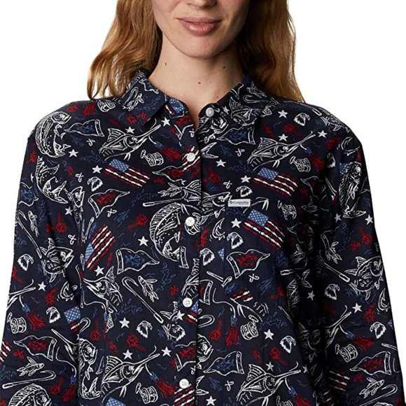 🆕Columbia Women's Slack Water Woven LS Shirt, Collegiate Navy Americana Fishing - Picture 1 of 7